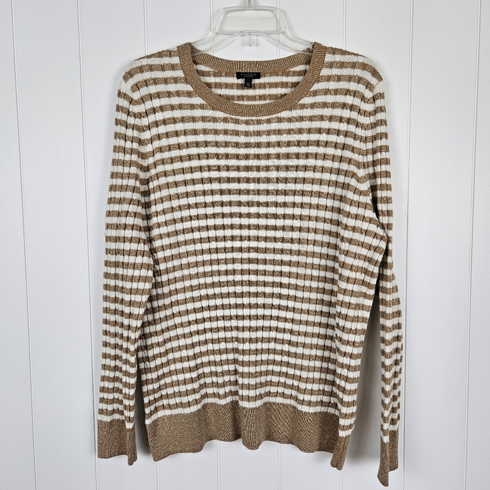 Talbots Petite 2XP Cable Knit Sweater Shimmer Tan And White Stripe Sparkle